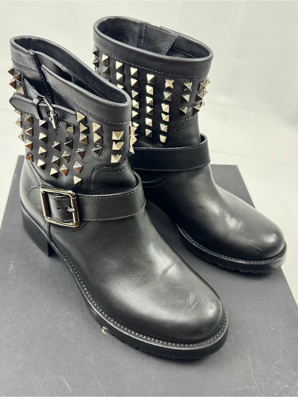 Valentino Garavani Black Rock Studded Leather Mid-Calf Biker Boots